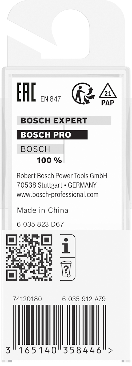 Förpackning med text som: Bosch Expert, Bosch Pro, Bosch 100%, Made in China, och streckkod.