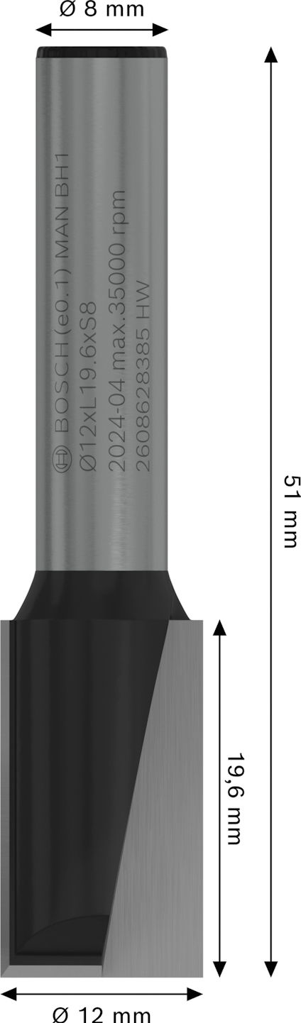 Verktyg med metallskär; text: Ø 8 mm, 51 mm, 19,6 mm, Ø 12 mm, 2 608 629 383 HW.