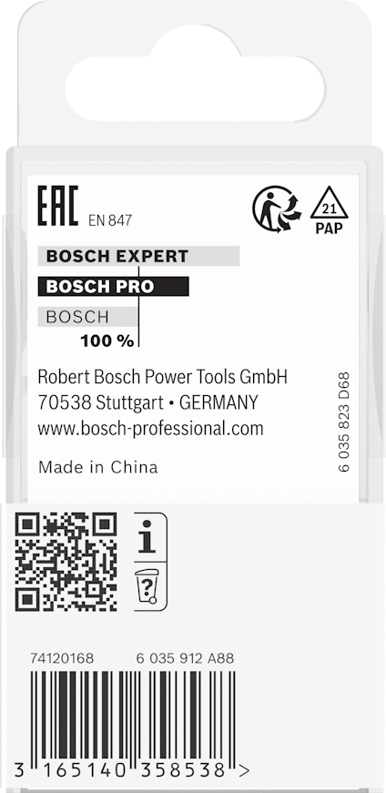 Förpackning med Bosch Pro verktygstillbehör. Text: "Bosch Expert, 100%, Robert Bosch Power Tools GmbH, Made in China."