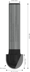 Cylindrisk fräs med skärhuvud, mått: diameter 8 mm, totallängd 40 mm, radie 6 mm, skärlängd 9,3 mm.