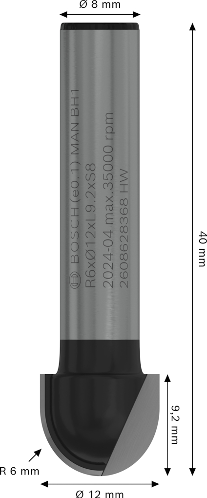 Cylindrisk fräs med skärhuvud, mått: diameter 8 mm, totallängd 40 mm, radie 6 mm, skärlängd 9,3 mm.