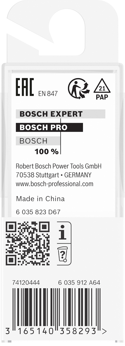 Förpackningstext: Bosch Expert, Bosch Pro, BOSCH. 100%. Tillverkad i Kina. QR-kod och streckkod visas.