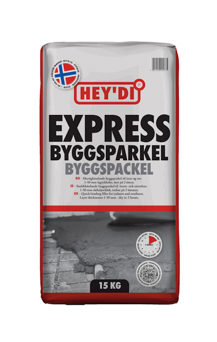 Förpackning med texten "Hey'di Express Byggspackel 15KG" och norsk flagga i övre hörnet.