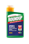 Förpackning av Roundup ogräsmedel, koncentrat, 1 liter, grön flaska med gul kork och text i vitt och rött.