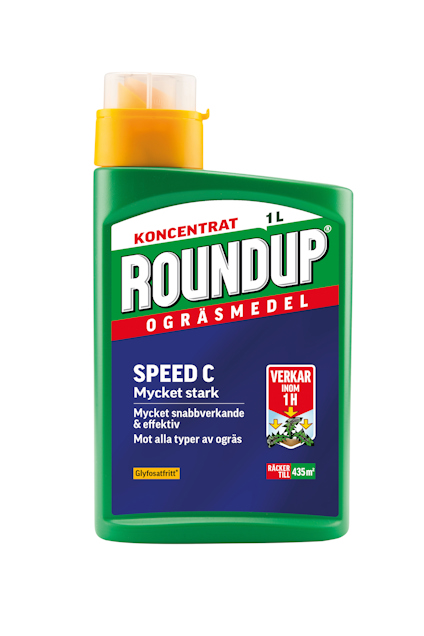 Förpackning av Roundup ogräsmedel, koncentrat, 1 liter, grön flaska med gul kork och text i vitt och rött.