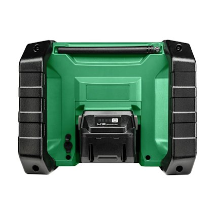 Grön och svart sladdlös enhet med handtag och batterifack på framsidan, robust design.