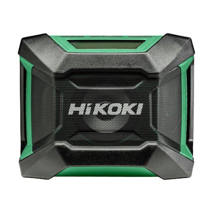 Svart och grön bärbar radio med märkningen "HIKOKI" på framsidan.