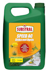 Grön plastbehållare med texten "Substral Speed AC Ättika mot Ogräs", illustrationer av ogräs och en trädgårdsgång.