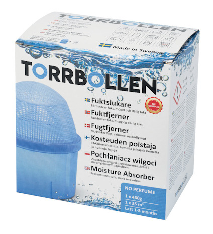 Förpackning av fuktabsorberare "TORRBOLLEN" med blå lock, text på flera språk.