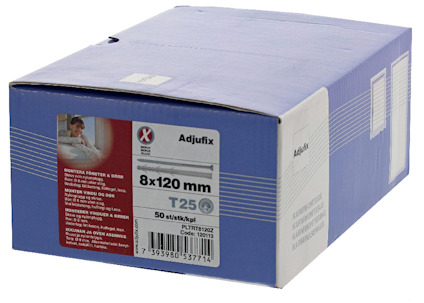 En blå låda med texten "Adjufix 8x120 mm T25" och "50 styck/kpl".