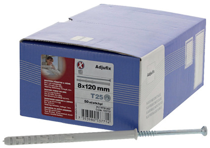 Kartong med Adjufix 8x120 mm och en metallskruv bredvid. Text: "50 st/fp, T25".
