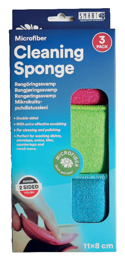Förpackning med tre mikrofiberrengöringssvampar i färgerna rosa, grön och blå.