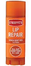 Orange O'Keeffe's Lip Repair tube labeled "Unscented Lip Balm" and "All Day Moisture in 1 Use".