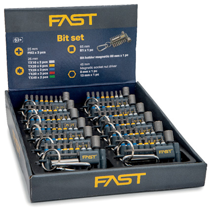 Verktygsförpackning med bitset och hållare, märkt "FAST". Innehåller olika typer och storlekar av bits.