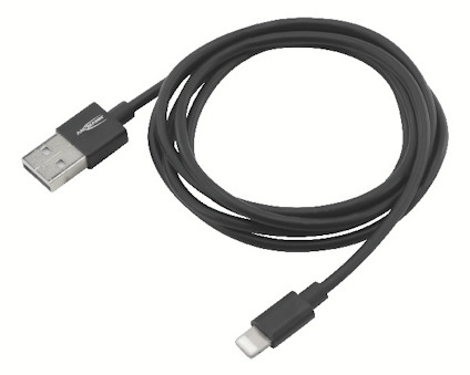 Svart USB-kabel med en standard USB-A-kontakt i ena änden och en Lightning-kontakt i den andra.