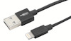Svart USB-kabel med en USB-A-kontakt och en mindre Lightning-kontakt.
