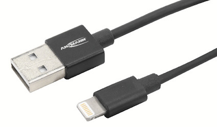Svart USB-kabel med en USB-A-kontakt och en mindre Lightning-kontakt.