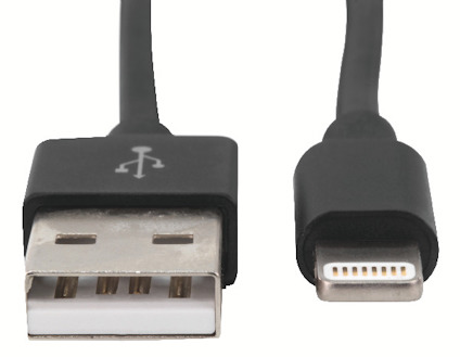 USB-A-kontakt och en Lightning-kontakt på en svart kabel.