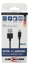 Förpackning av Ansmann data- och laddkabel för Apple-enheter, 1,2 m, Lightning-kontakt.