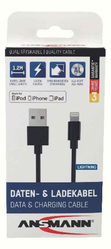 Förpackning av Ansmann data- och laddkabel för Apple-enheter, 1,2 m, Lightning-kontakt.