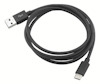 Svart USB-kabel med USB-A och USB-C-kontakter, upplindad i en cirkel.