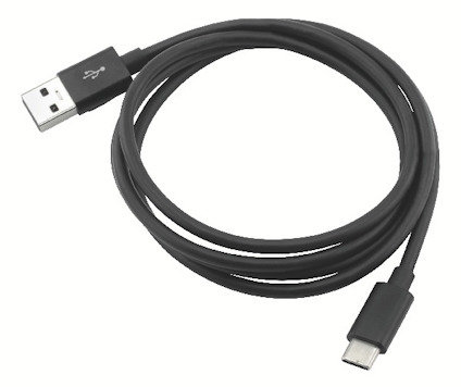 Svart USB-kabel med USB-A och USB-C-kontakter, upplindad i en cirkel.