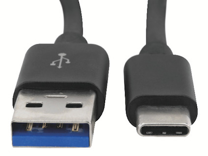 USB-A och USB-C-kontakter på en svart kabel.