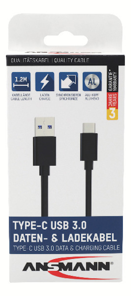 Förpackning med Ansmann Type-C USB 3.0 data- och laddkabel, 1,2 m, snabb synkronisering och laddning.