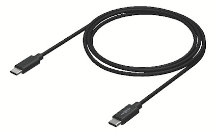 Svart USB-C-kabel med kontakt i varje ände, liggande i en cirkulär form.