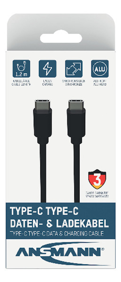 Förpackning av Ansmann Type-C till Type-C data- och laddningskabel med 3 års garanti.