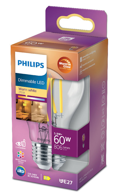 Förpackning för Philips dimbar LED-glödlampa, 5,9W, 60W motsvarande, 806 lumen, varmvit, E27-sockel.