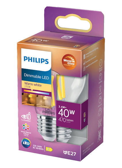 Förpackning för Philips dimbar LED-lampa, varmvit 2700K, 40W, 470 lumen, sockel E27.