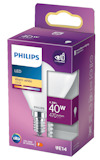 Förpackning av Philips LED-lampa, varmvit 2700K, 40W, 470 lumen, E14 sockel.