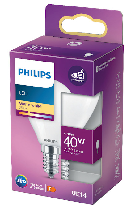 Förpackning av Philips LED-lampa, varmvit 2700K, 40W, 470 lumen, E14 sockel.