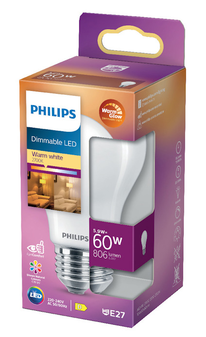 Förpackning för Philips dimbar LED-lampa, 5,9W, 806 lumen, varmvit 2700K, motsvarar 60W, sockel E27.