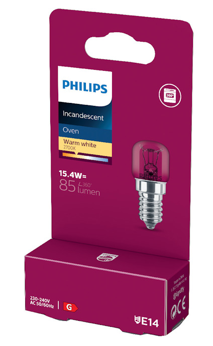 Förpackning av en Philips ugnslampa, 15,4W, varmvit, 85 lumen, E14-sockel, 220-240V, märkning "G".