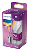 Förpackning med Philips LED-glödlampa, 8,5W motsvarande 75W, varmvit 2700K, E27-sockel, 1055 lumen.