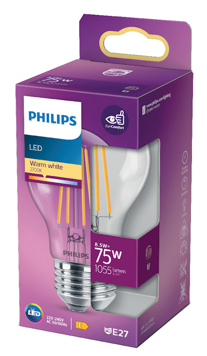 Förpackning med Philips LED-glödlampa, 8,5W motsvarande 75W, varmvit 2700K, E27-sockel, 1055 lumen.