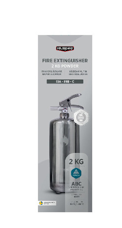 Brandsläckare 2 kg pulver i grå förpackning med text "HOUSEGARD" och "13A 89B C". ABC-certifierad.
