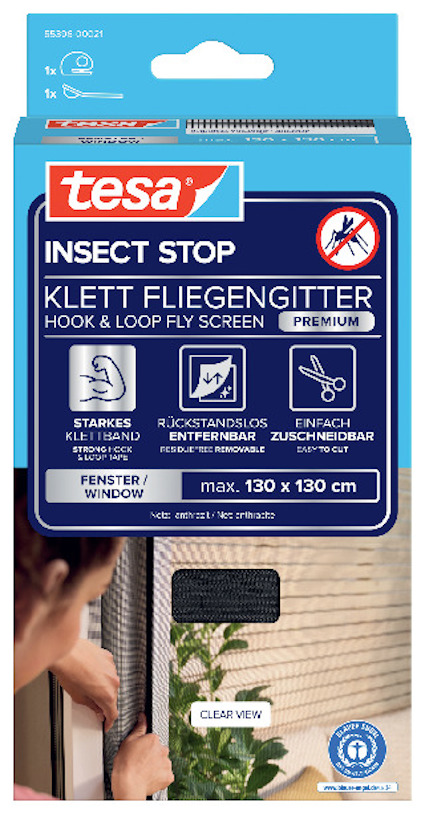 Förpackning av Tesa Insect Stop Klett Fliegengitter för fönster, max 130 x 130 cm, med instruktioner och produktbild.